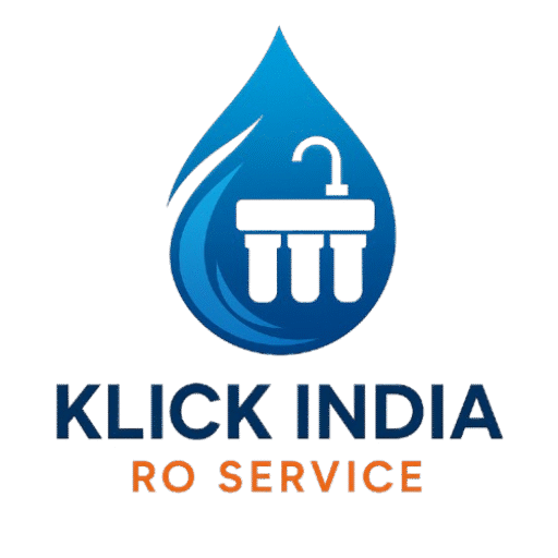 Logo of Klick India RO Service featuring a blue water droplet with a white RO filtration system inside, accompanied by bold "KLICK INDIA" text in dark blue and "RO SERVICE" in orange below.
