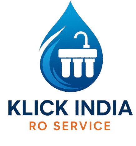 Logo of Klick India RO Service featuring a blue water droplet with a white RO filtration system inside, accompanied by bold "KLICK INDIA" text in dark blue and "RO SERVICE" in orange below.